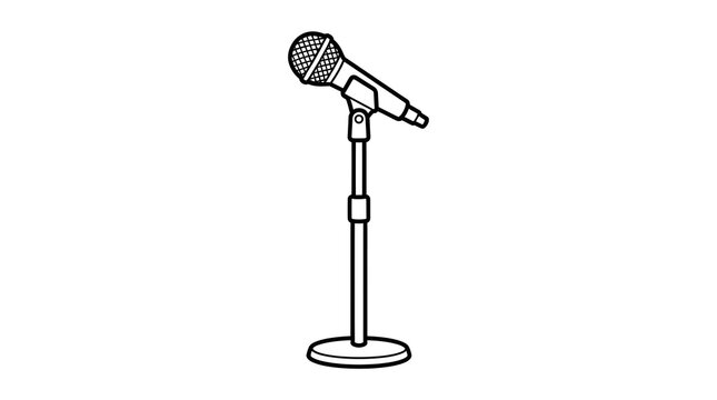 Simple black and white line art vector illustration of a classic microphone on a stand. Perfect for podcasting, singing, karaoke, and live performance themes.