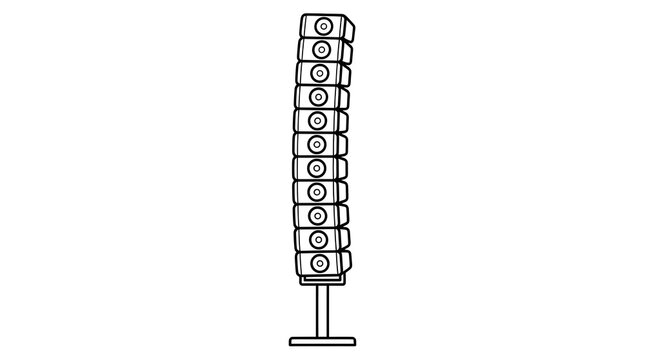 Vector line art illustration of a line array speaker system on a stand. Minimalist black and white outline for live concerts, festivals, and PA sound concepts.