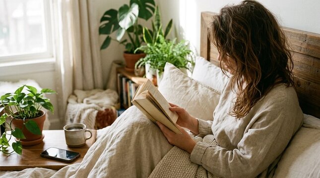 Young woman reading paper book in sunlit bedroom, digital detox morning