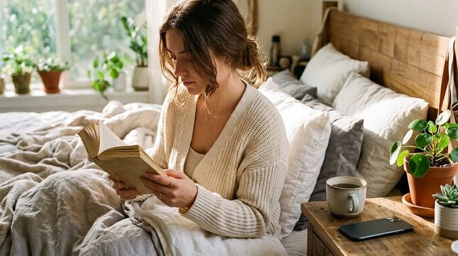 Young woman reading paper book in sunlit bedroom, digital detox morning