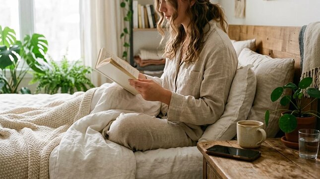 Young woman reading paper book in sunlit bedroom, digital detox morning