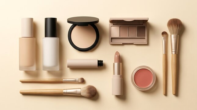 Set of various makeup cosmetic products and beauty tools arranged on a soft light yellow background. basic cosmetics guide