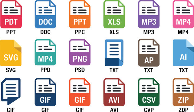 Colorful File Format Icon Set, diverse document symbols, digital file types, document management, computer technology, software interface, vector graphics.