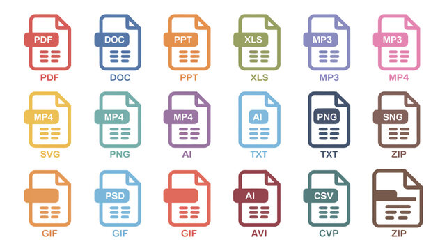 Colorful File Format Icon Set, diverse document symbols, digital file types, document management, computer technology, software interface, vector graphics.