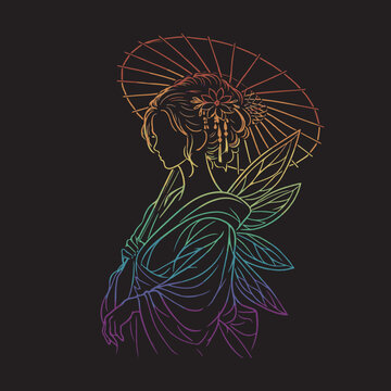 Japanese geisha fairy with wings holding paper umbrella colorful gradient line art vector illustration