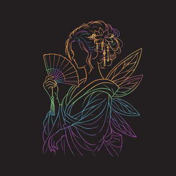 Japanese geisha fairy with wings holding folding fan colorful gradient line art vector illustration