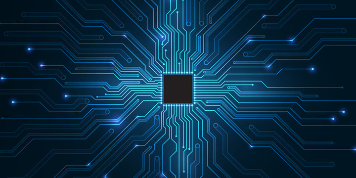 Glowing blue microprocessor chip with radiating circuit board lines