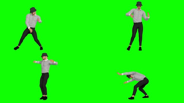 Group of four young animated male dancers executing casual street dance and stepping motions isolated on a clean green screen studio plate, ready for seamless post-production video montages.