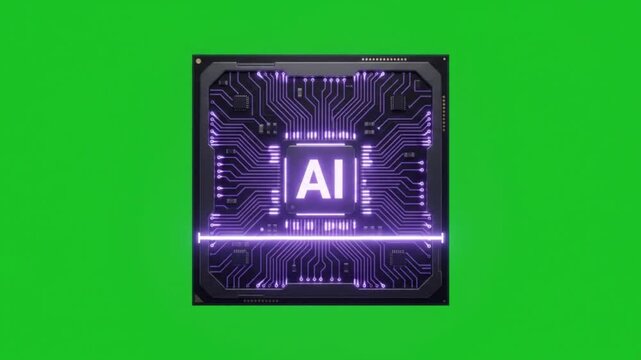 Artificial Intelligence AI Processor with Connected Circuit Network on Green Screen, Futuristic Digital Technology Animation