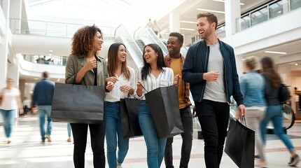 Obraz premium Diverse group of happy friends walking with shopping bags inside mall.