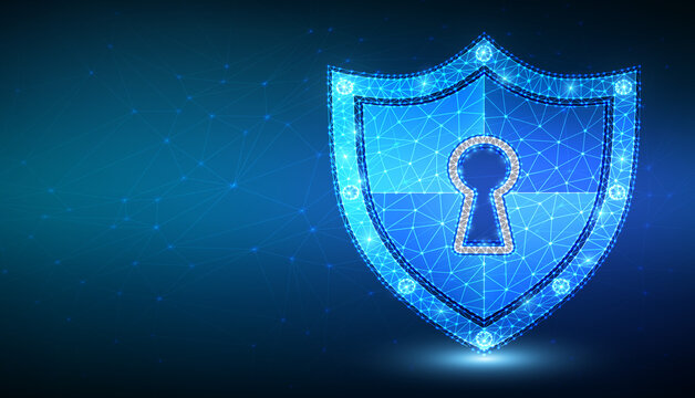 Glowing digital wireframe cybersecurity shield with keyhole on blue background