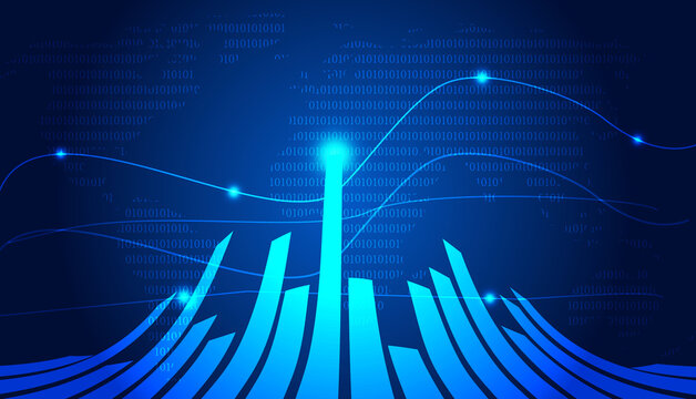 Glowing blue digital bar chart with binary code background representing financial growth