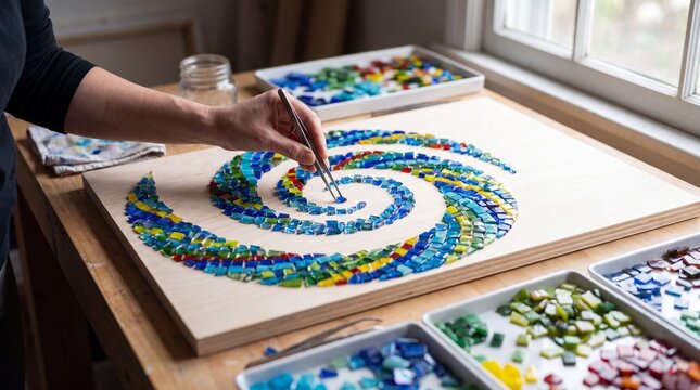 Mosaic Artist Arranging Colored Glass Tesserae into a Spiral