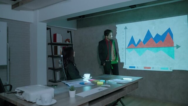 Business professional presenting financial performance data on a projected chart while a colleague listens during a corporate strategy meeting.
