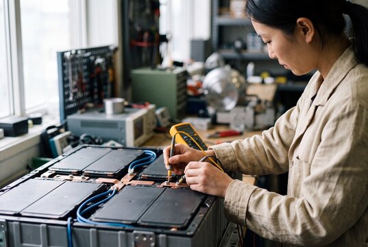 Female engineer using a digital multimeter to test an electric vehicle battery pack module in a workshop