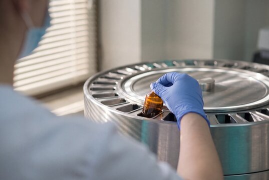 Laboratory scientist in protective gloves placing an amber glass vial into a stainless steel centrifuge machine
