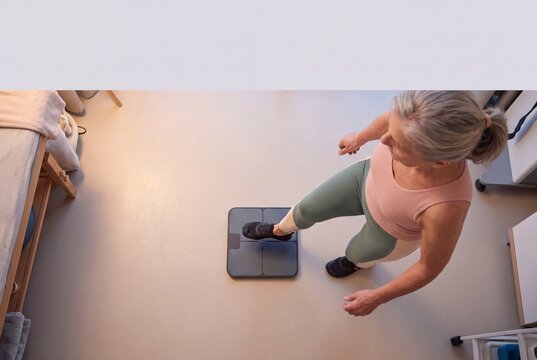 Senior Woman Stepping on Smart Diagnostic Scale in Rehabilitation or Wellness Clinic