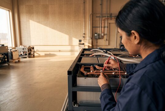 Female electrical engineer testing an industrial battery pack with multimeter probes in a modern facility