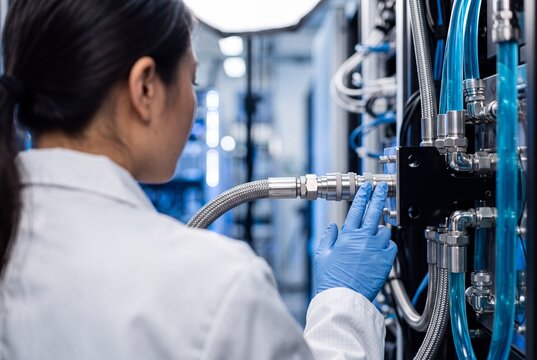 Female technician connecting a liquid cooling hose to high performance server hardware in a data center