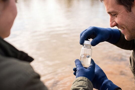 Ecologist in protective gloves inspecting a water sample in a small bottle near a river outdoors