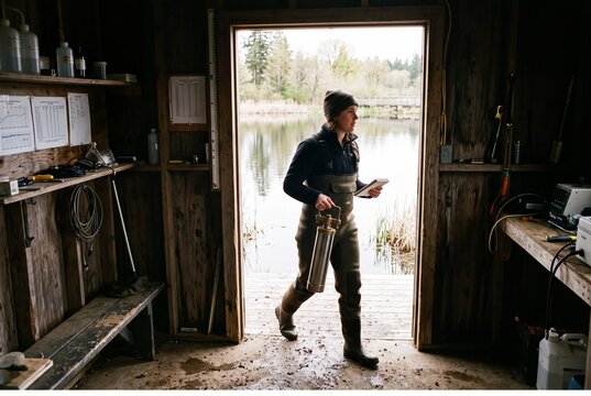 Female environmental scientist in waders enters a rustic field station holding a water sampler after testing a lake