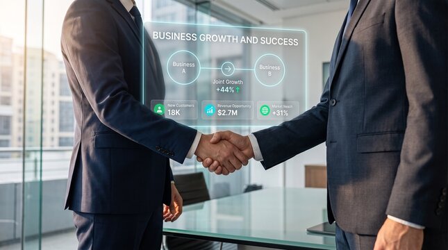 Business partners shaking hands sealing a deal in a modern office environment