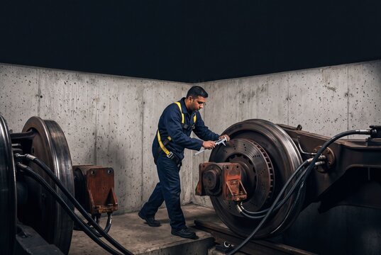Railway technician inspecting and measuring a train wheel disc brake assembly with a caliper tool in a maintenance depot