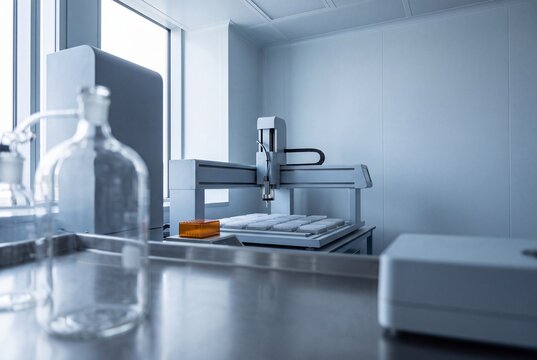 Automated liquid handler robotic system with microplate trays inside a sterile modern pharmaceutical laboratory