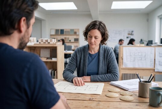 Professional Female Architect Reviewing Floor Plan Blueprint with Colleague in Modern Design Studio