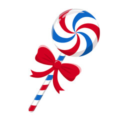 Fototapeta premium Tricolor red, blue, and white swirl Christmas lollipop decorated with a red ribbon bow isolated on white background. Sweet peppermint candy vector illustration for holiday decoration.