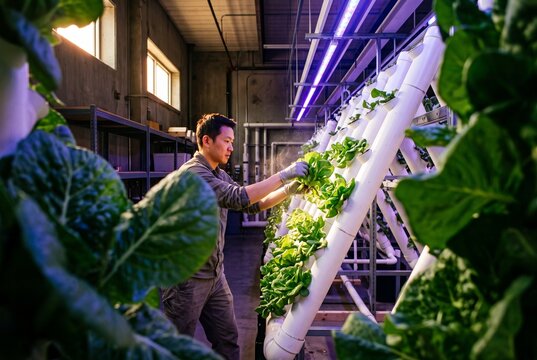 Asian male farmer inspecting fresh organic lettuce growing on a vertical hydroponic system indoors under LED lights