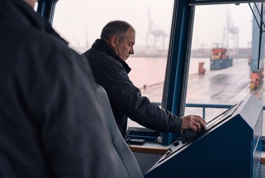 Senior male crane operator working at the control console in a harbor cabin overlooking the container terminal