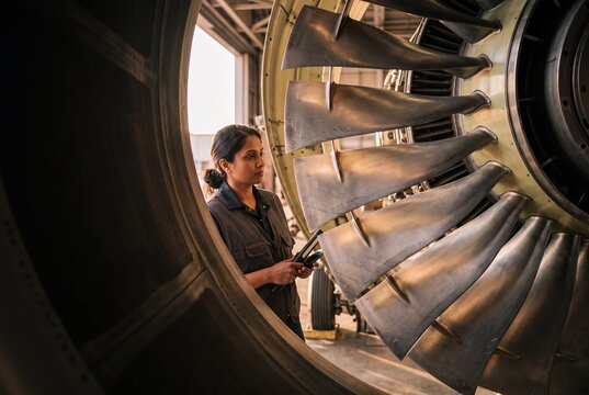 Female aircraft maintenance engineer inspecting jet engine fan blades in an aviation hangar workshop