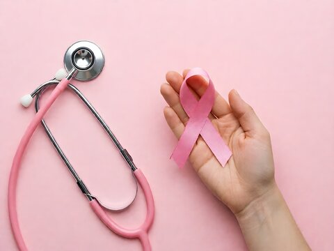 Top View Pink Ribbon in Hand with Stethoscope Healthcare Background