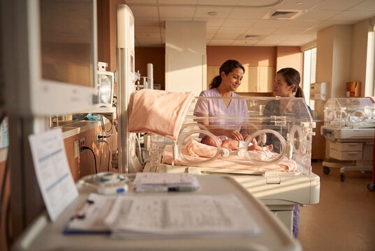 Female Doctor and Mother Looking at Newborn Baby in Incubator in Neonatal Intensive Care Unit