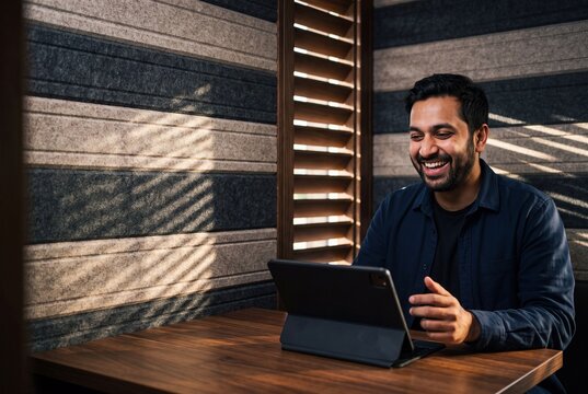 Smiling Indian man having a video call on a digital tablet in a modern office acoustic booth