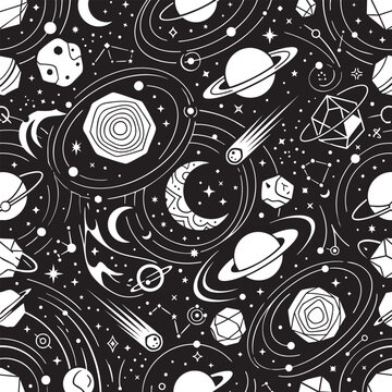 Hand Drawn Seamless Space Pattern with Planets and Galaxy Elements