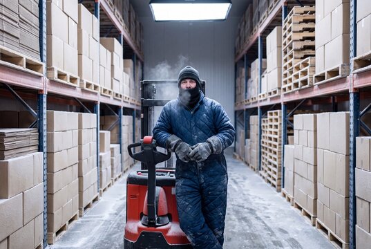 Cold storage warehouse worker in thermal protective jumpsuit leaning on electric pallet stacker