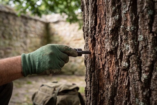 Arborist using an increment borer tool on a mature tree trunk to collect a wood sample for health assessment