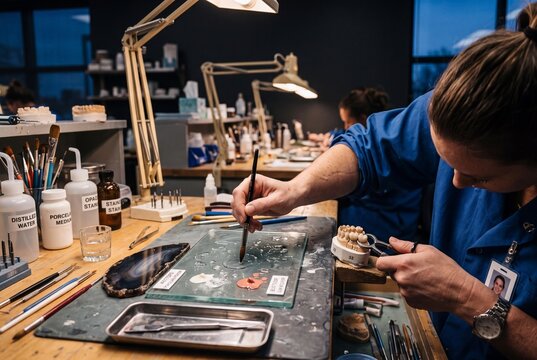 Dental technician applying ceramic glaze and porcelain paint to dental crown prosthesis in laboratory