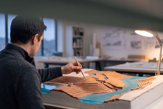 Male landscape architect sculpting a detailed topographic clay scale model with a styling tool in a modern design studio