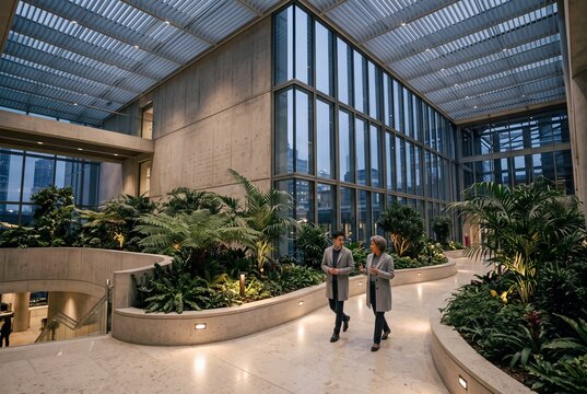 Diverse business colleagues talking while walking through a modern indoor atrium garden inside a corporate building