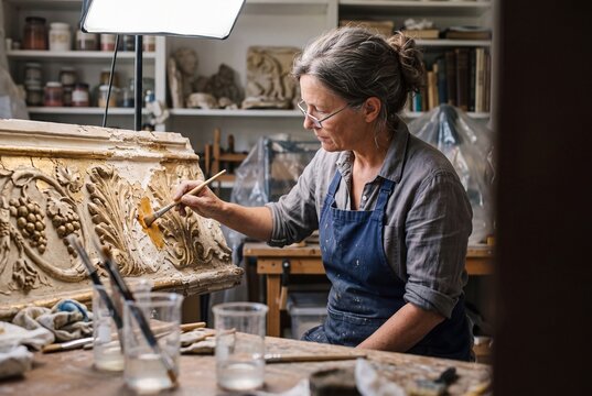 Professional female conservator carefully restoring an antique gilded architectural relief using a fine brush in her workshop studio