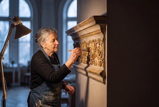 Senior female art restorer carefully cleaning and restoring antique gilded decorative relief in workshop