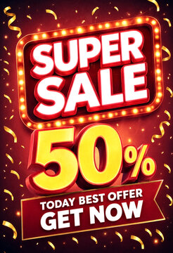 Bright and colorful super sale banner with fifty percent discount offer and confetti decorations