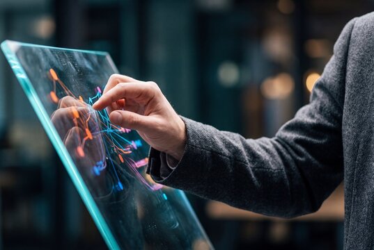 Businessman interacting with a futuristic transparent digital screen displaying data networks and analytics in a modern office