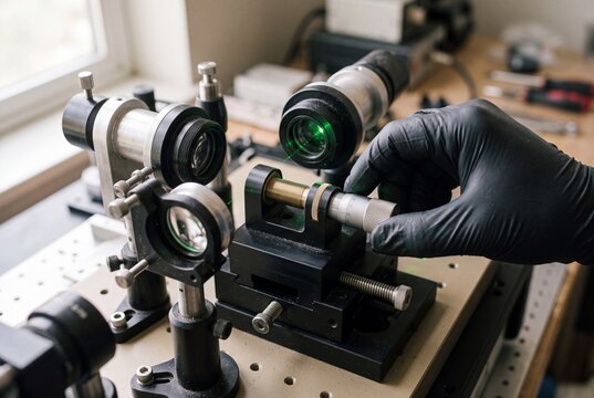 Scientist Hands Adjusting Optical Laser Equipment with Green Beam in Physics Laboratory