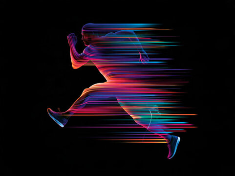 

Futuristic neon silhouette of a runner in motion with colorful motion blur lines on black background. 