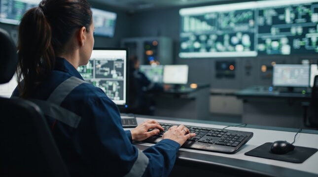 Back view of a female engineer monitoring automated processes and data on computer screens in a high-tech plant dispatch control center.