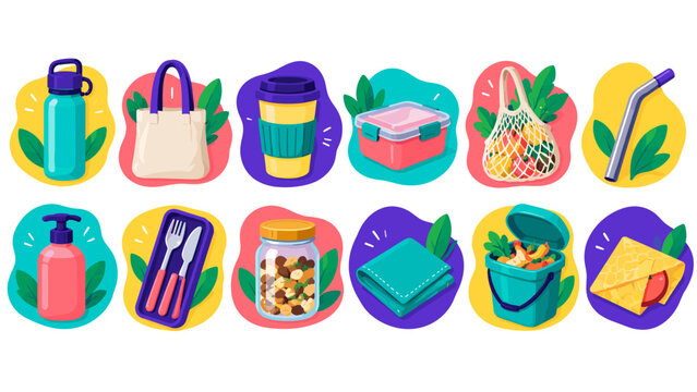 Eco-friendly items designed for sustainable living. Each object promotes green habits daily. Colorful shapes highlight reusable and recyclable values. No people, so emotions not applicable